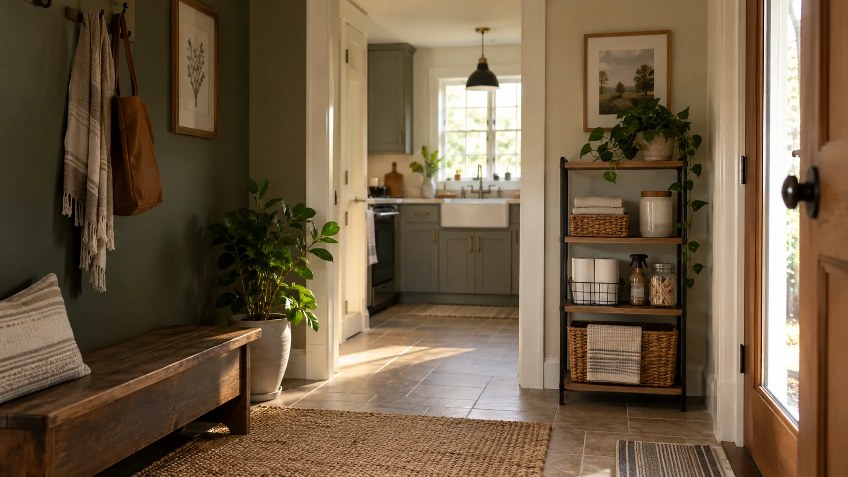 An ordinary home entry opening toward a simple kitchen.