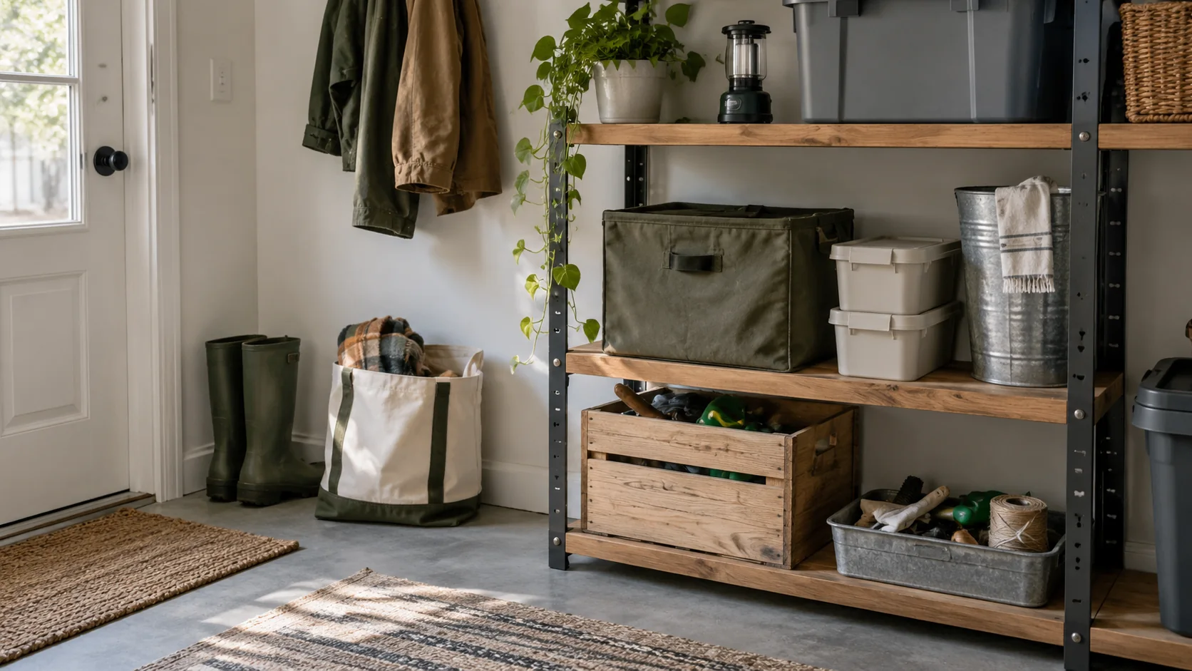 A plain utility shelf with a lantern and a maintenance tray.