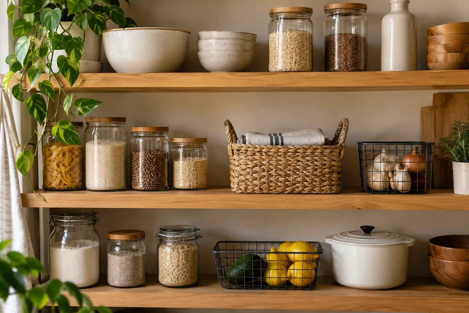 Open pantry shelves with everyday staples.