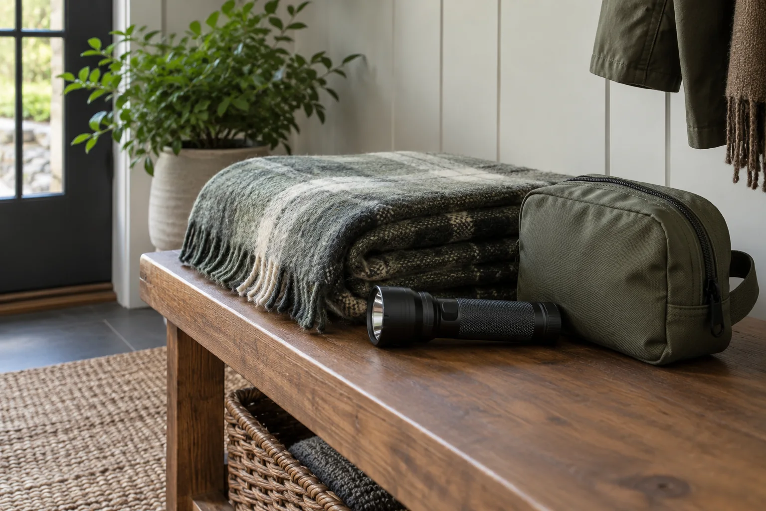 A folded blanket, flashlight and weather-readiness pouch on a bench.