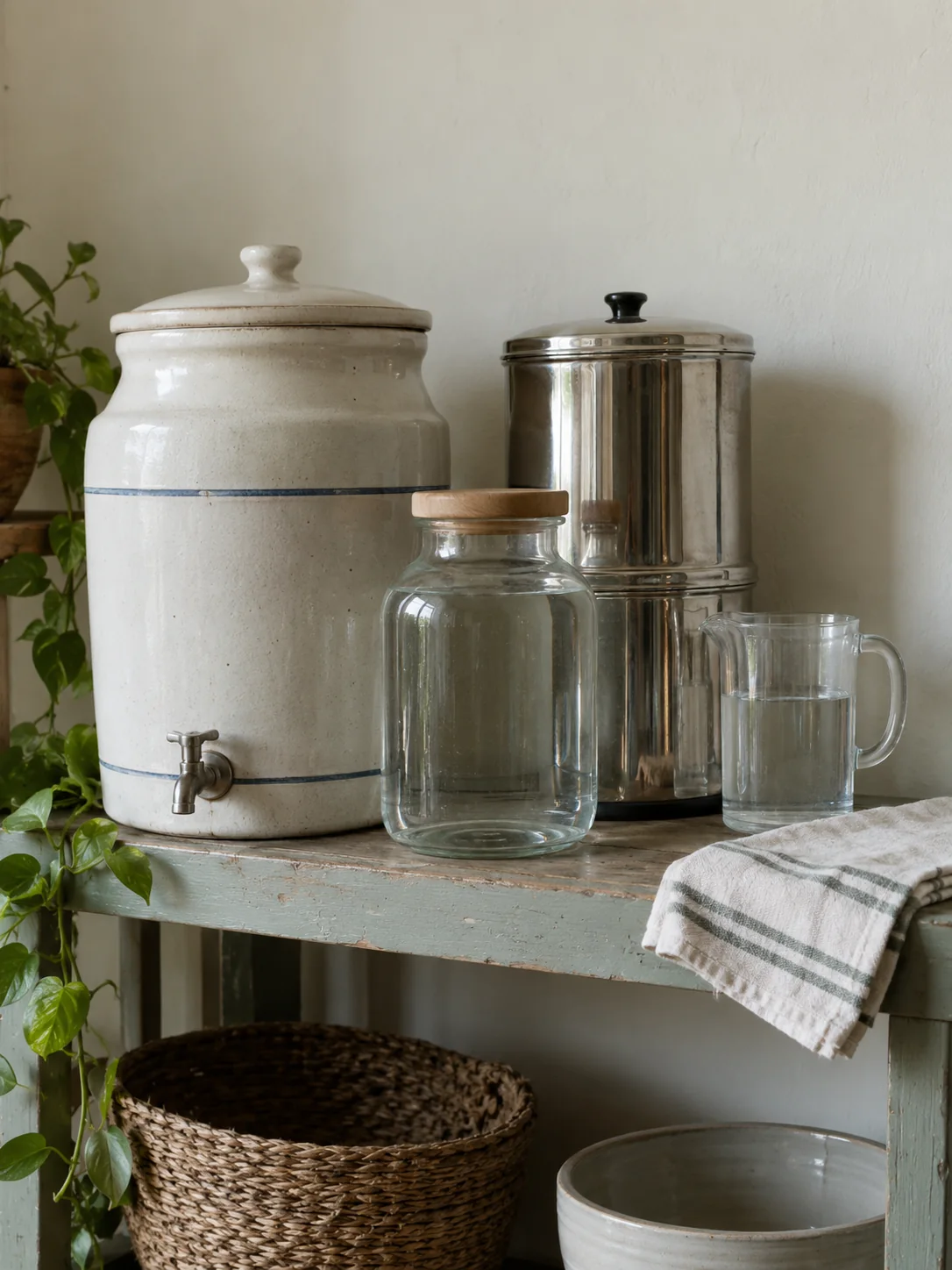 Stable household water containers on a low shelf beside a measuring jug and folded cloth.