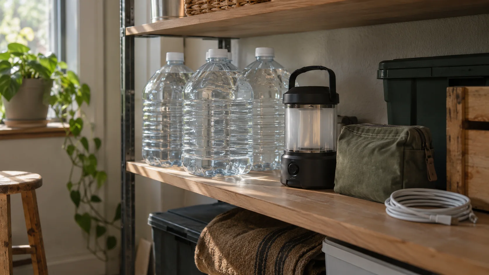 An organized utility shelf with water storage, a lantern, a canvas pouch and a coiled cable.