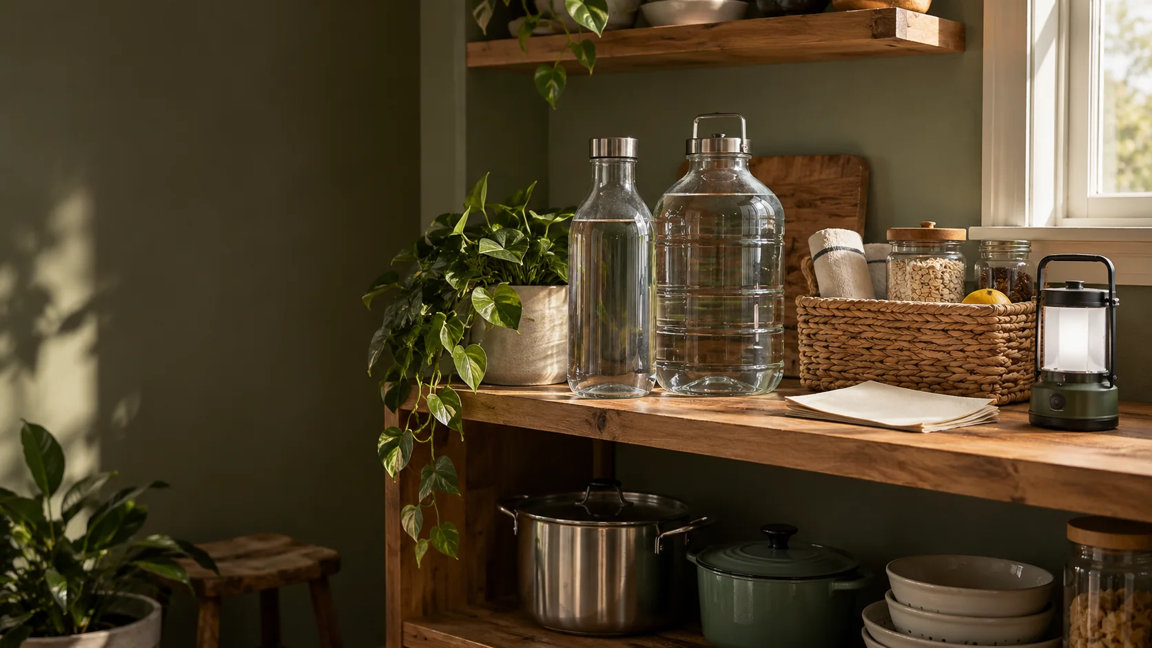 A sunlit kitchen shelf with water containers, a pantry basket, and a folded blank checklist.