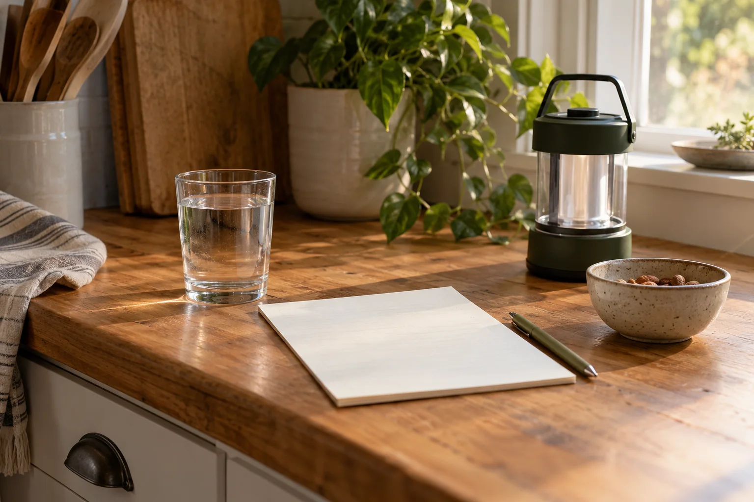 A blank planning sheet beside a glass of water and a compact lantern on a kitchen counter.