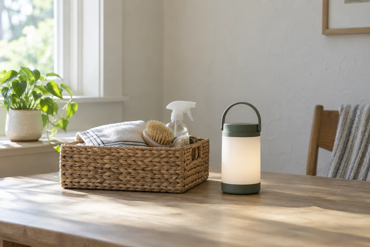 A household supply basket and lantern near a bright window.