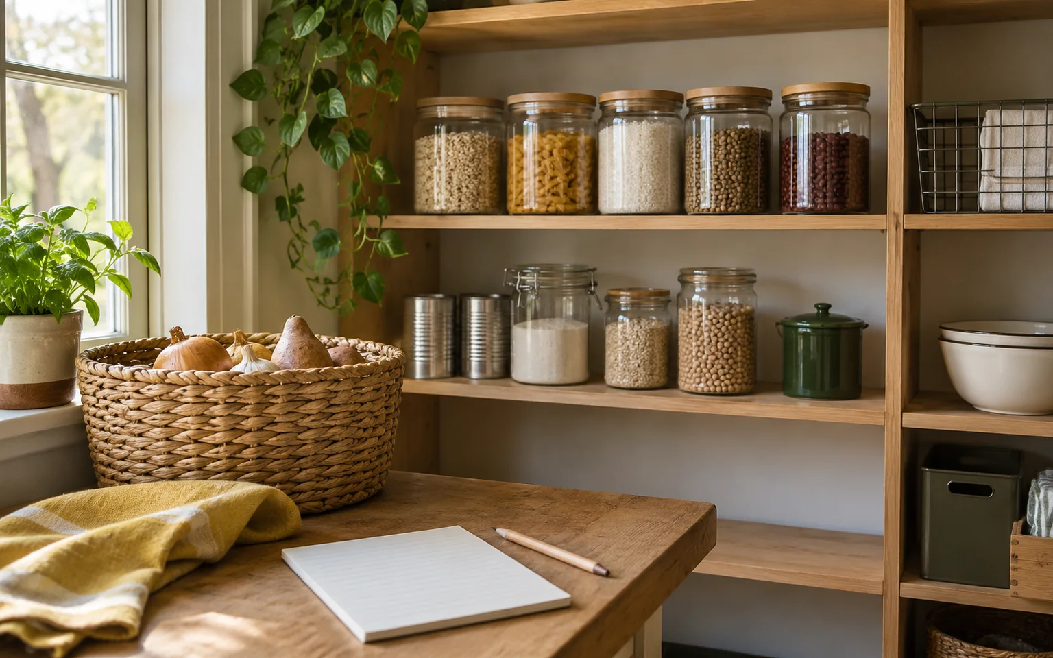 A modest pantry with everyday staples, a woven basket, inventory sheet and room for additions.