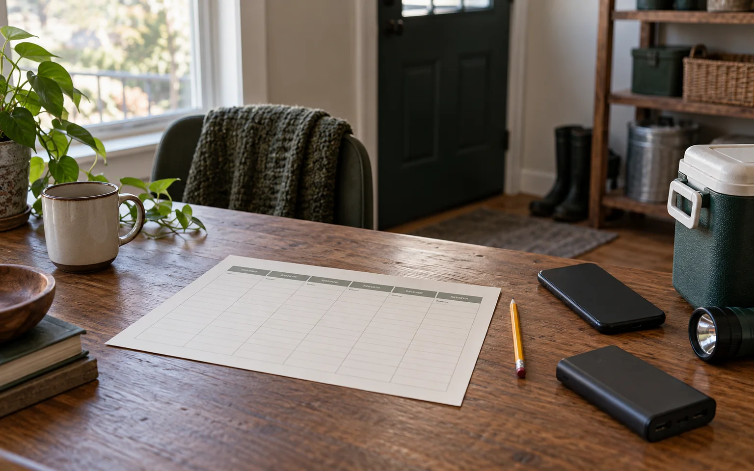 Blank household inventory, phone, unplugged power bank, cooler and flashlight on a utility desk.